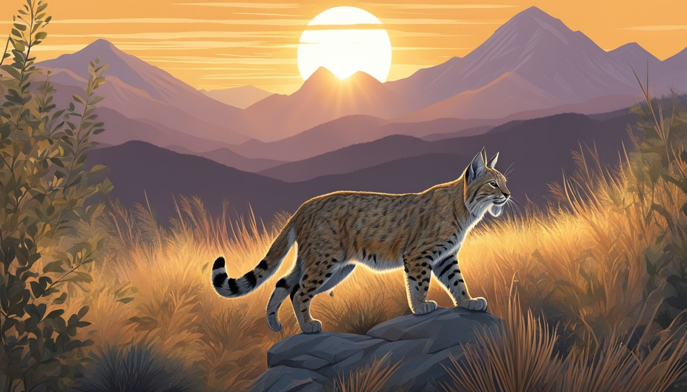 A bobcat crouches in a dense thicket, eyes fixed on its prey. The sun sets behind the silhouette of a distant mountain