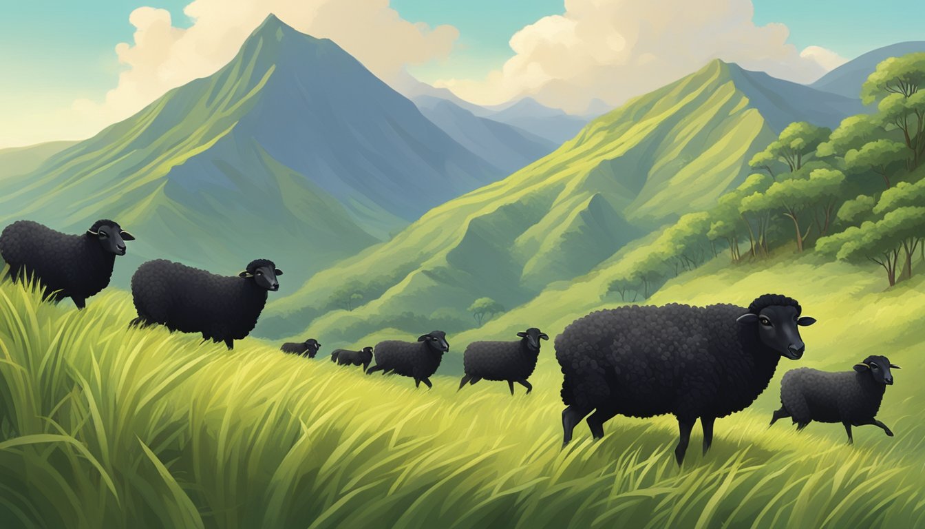 A group of black Hawaiian sheep roam freely in a lush, mountainous landscape. A hunter practices sustainable hunting methods, respecting conservation efforts