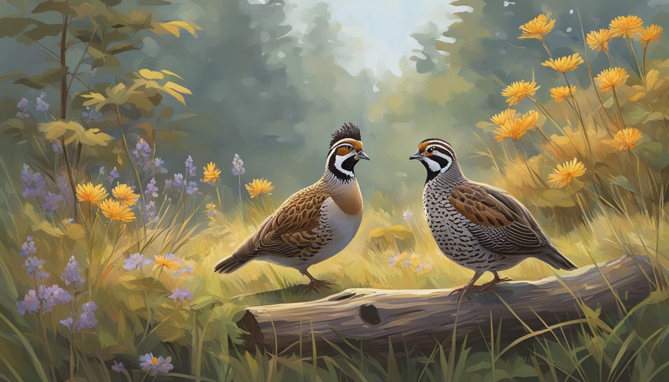 A serene forest clearing with tall grass and shrubs, scattered with fallen leaves and twigs. A pair of bobwhite quails are perched on a log, surrounded by patches of wildflowers