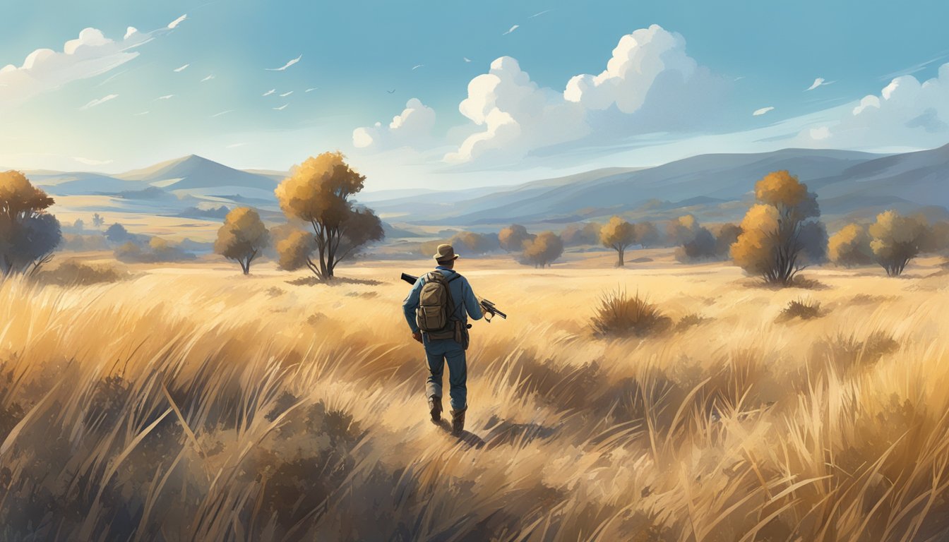 A hunter with a shotgun walking through a field with dry grass and scattered bushes, with a clear blue sky above