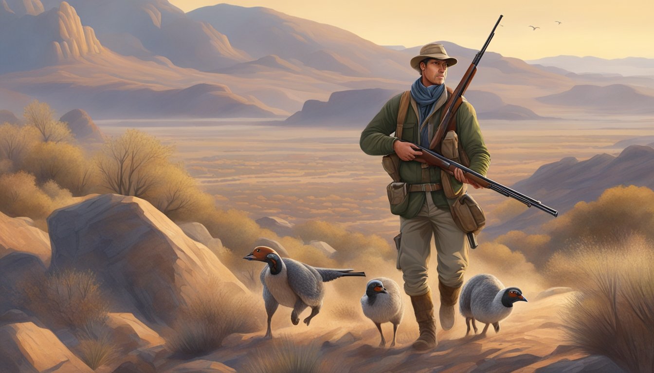 A hunter with a shotgun in a rocky, arid landscape, pursuing chukar partridges in the early morning light