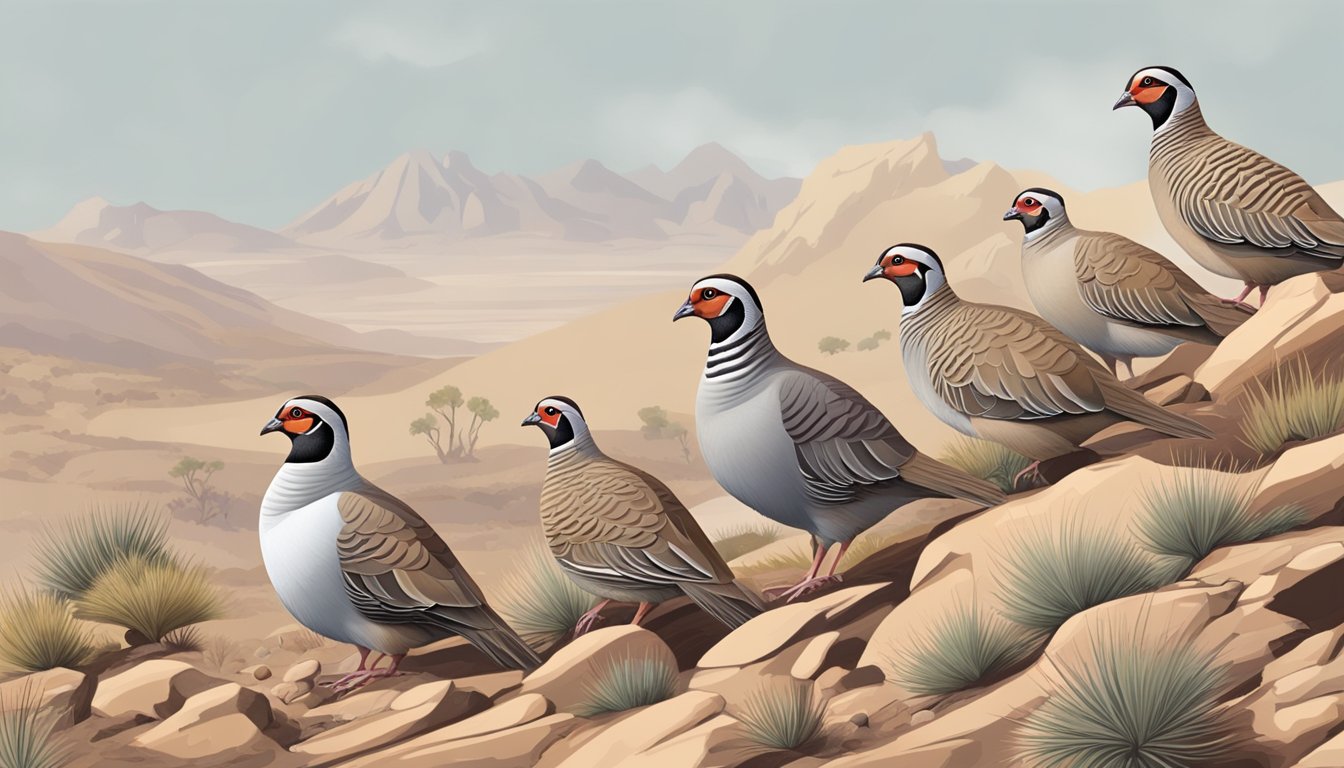 A group of chukar partridges foraging in a rocky, arid landscape during hunting season