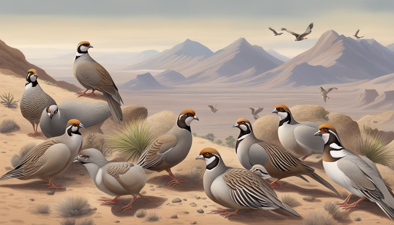 A group of chukar partridges scattered across a rocky, arid landscape, with hunters and their dogs in the distance