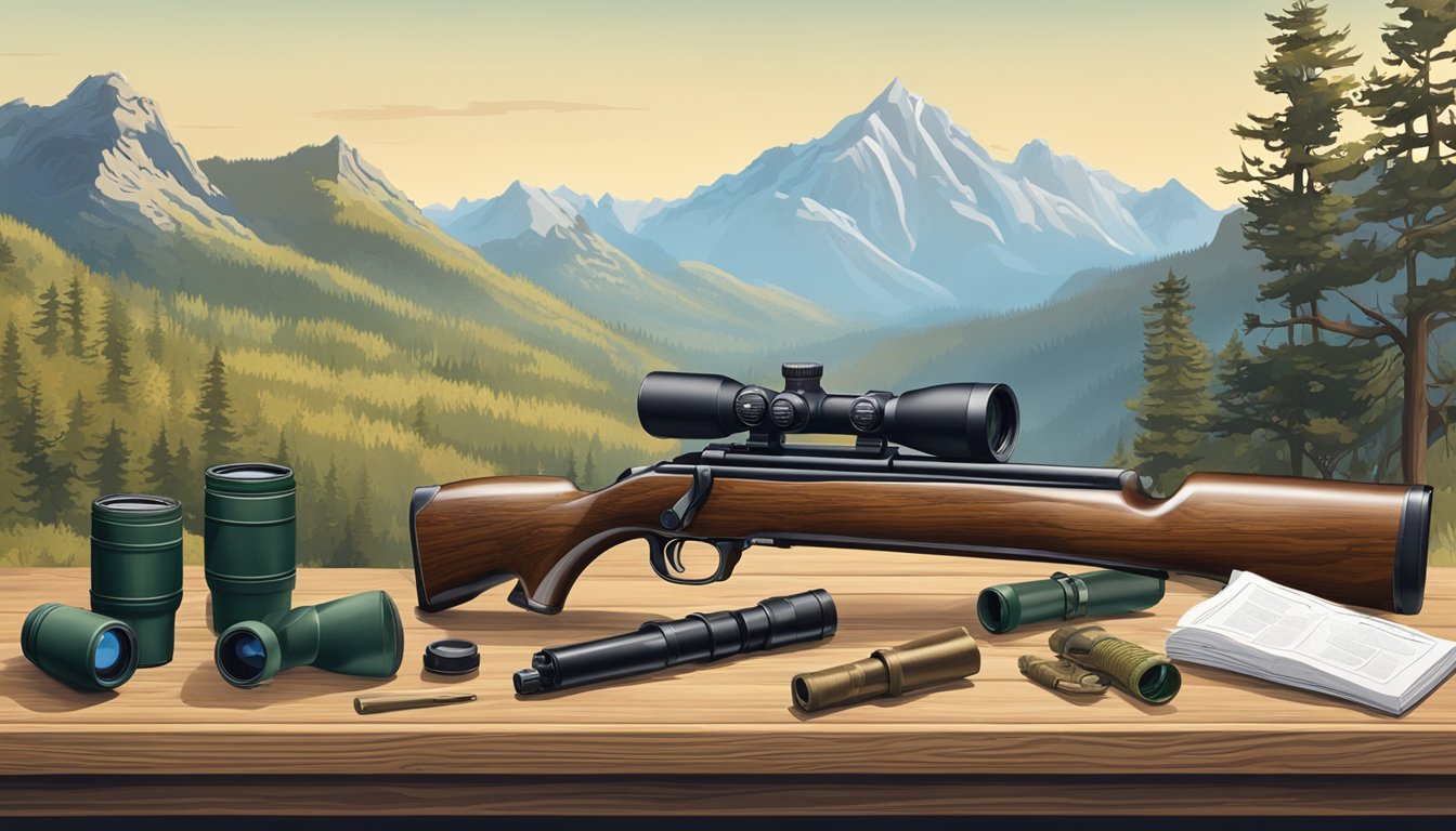 A hunter's shotgun, binoculars, and camouflage gear laid out on a wooden table, with a backdrop of rugged terrain and a clear blue sky