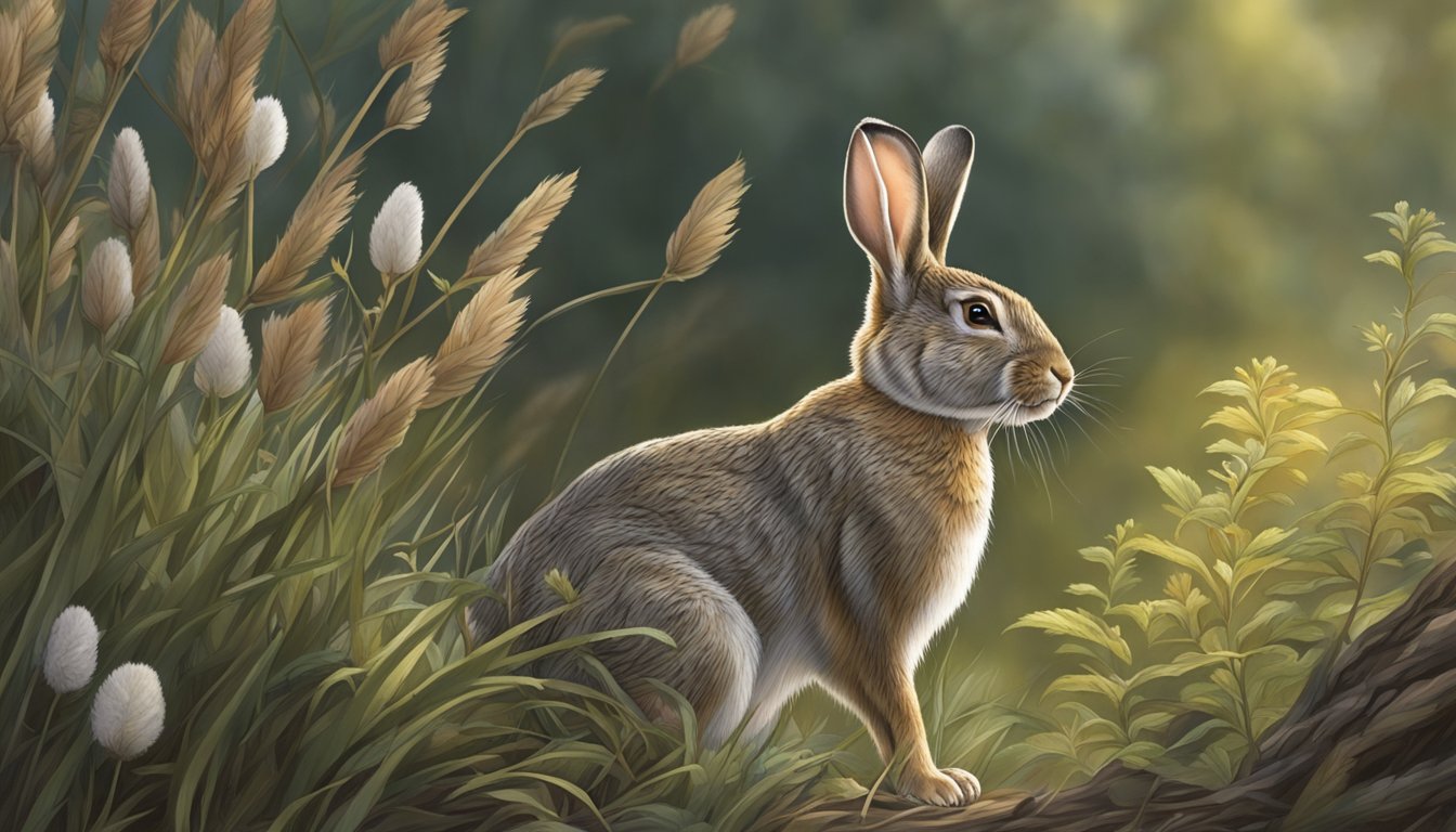 A cottontail rabbit cautiously emerges from a thicket, ears perked, as a hunter waits in the distance