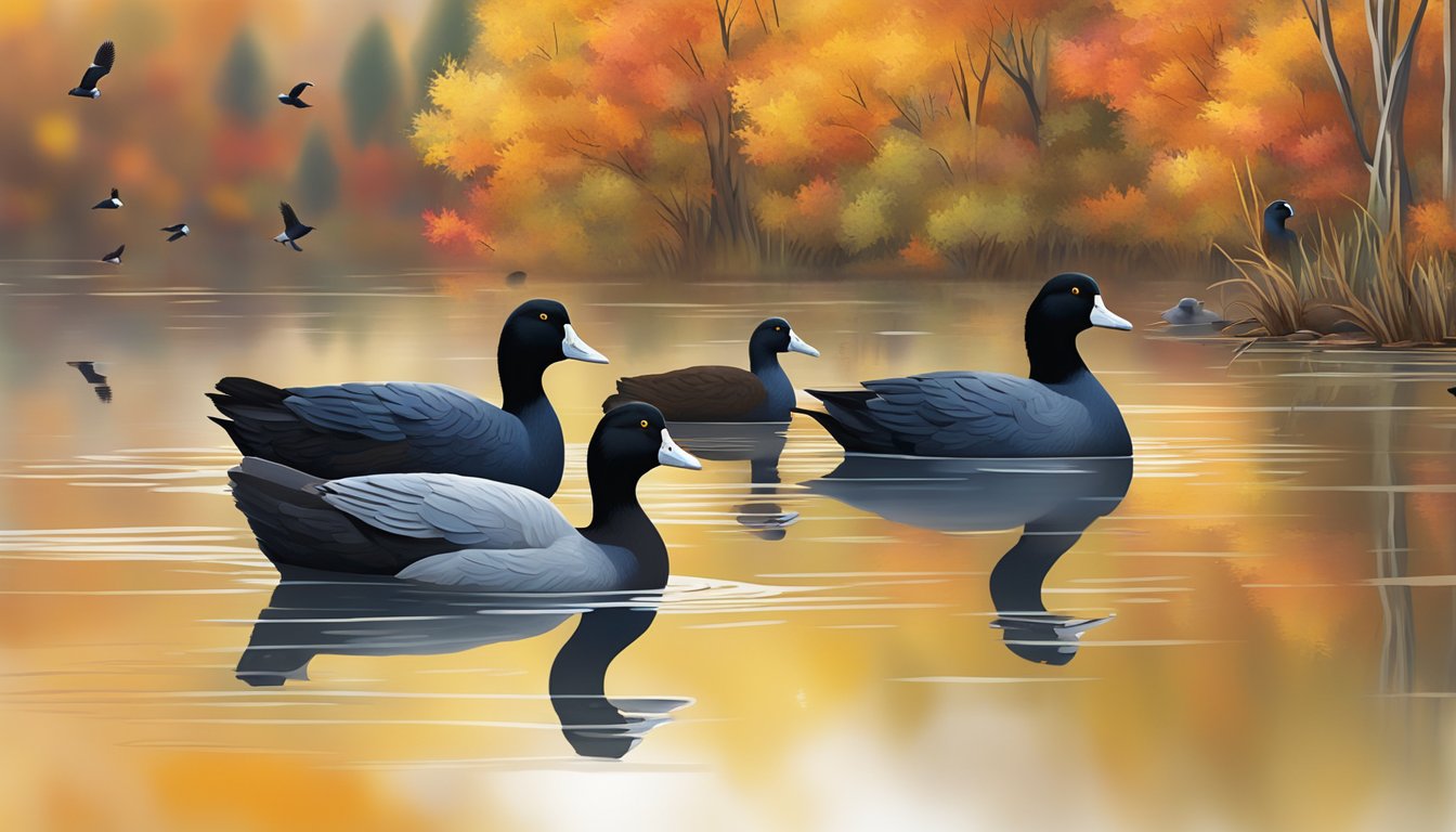 A group of coots swimming in a serene lake during hunting season, surrounded by colorful autumn foliage