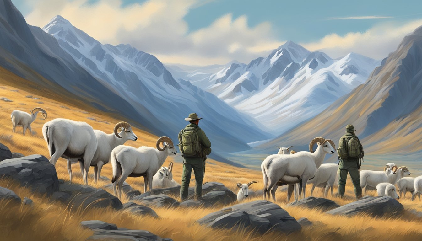 A mountainous landscape with a group of dall sheep grazing in the distance, while hunters prepare their gear under the watchful eye of a game warden