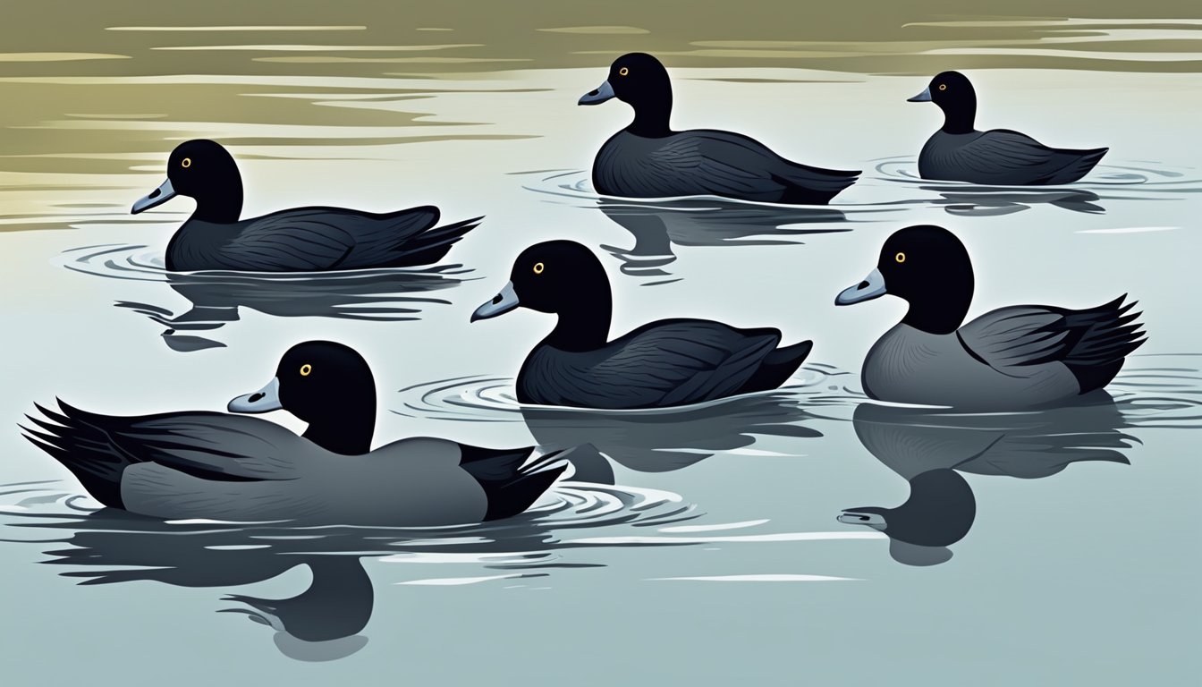 A group of coots swim in formation, diving and splashing as they work together to corral and catch their prey during hunting season