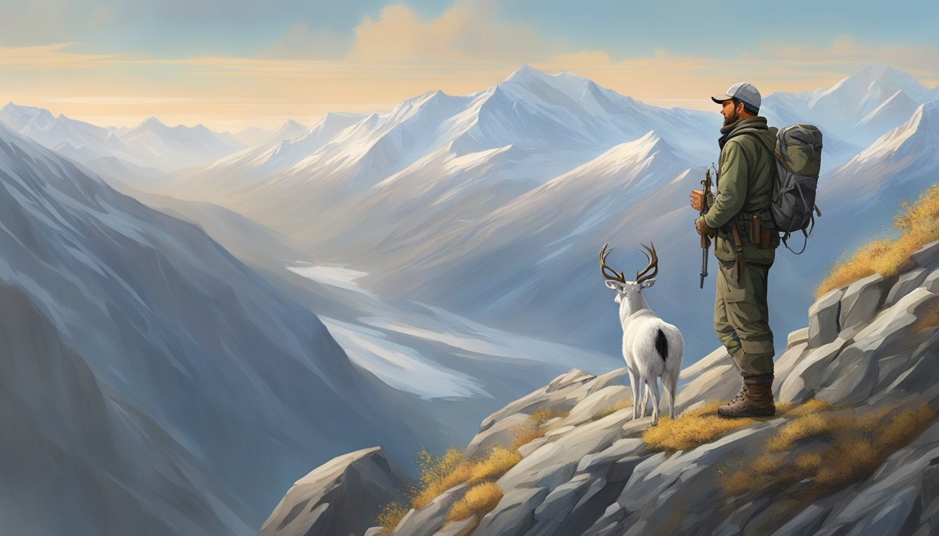 A lone hunter stands atop a rugged mountain peak, scanning the vast, rocky terrain for elusive Dall sheep. The crisp, cool air and breathtaking scenery set the stage for the upcoming hunt