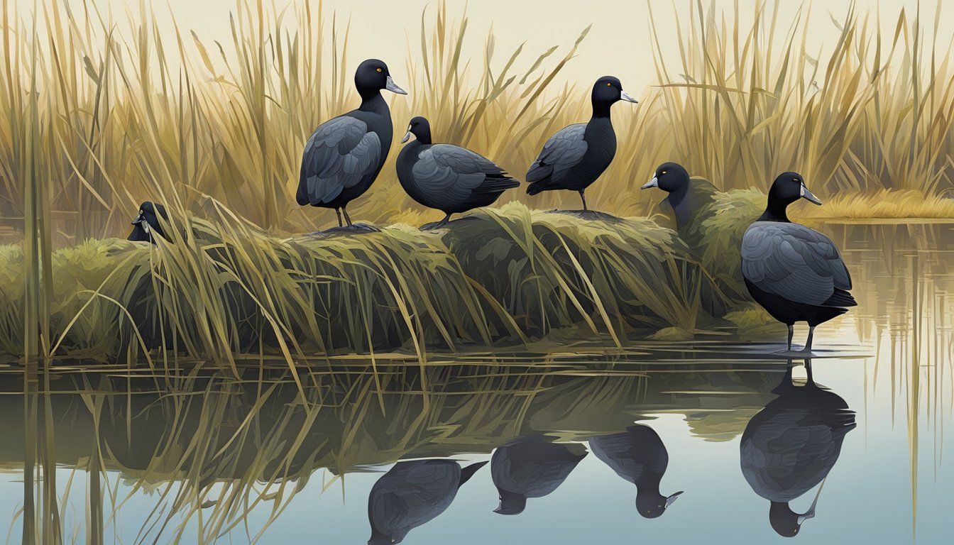 A group of coots perched on the edge of a marsh, surrounded by hunting gear and equipment