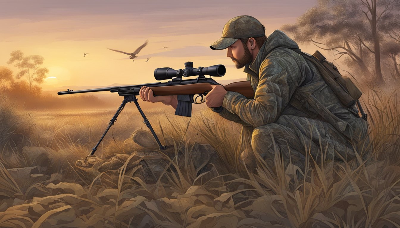 A hunter loading a rifle near a camouflaged blind at dawn