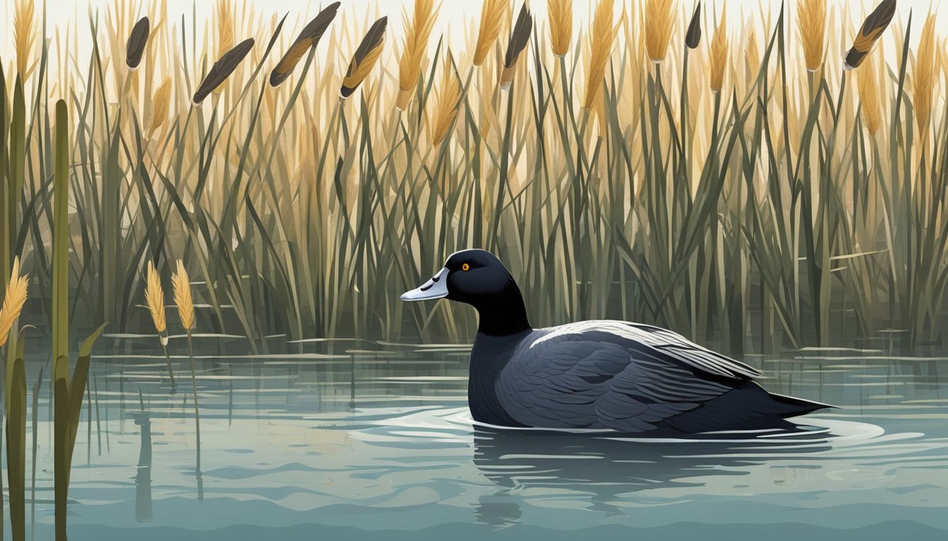 Coots swimming in a marsh, surrounded by reeds and cattails. A hunter's blind is set up on the shore, with decoys floating in the water