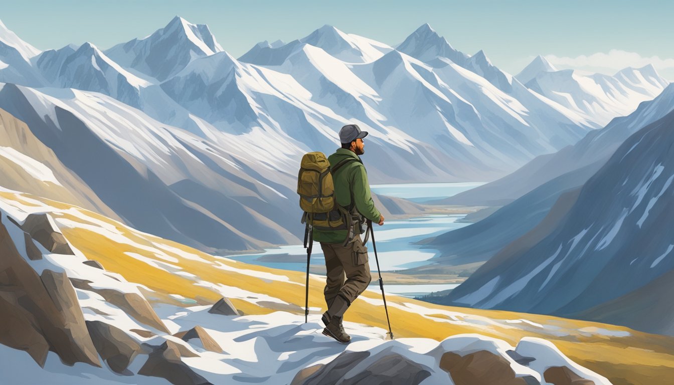 A lone hunter traverses rugged terrain, binoculars scanning for Dall sheep. Snow-capped mountains loom in the distance, while the hunter carefully navigates the rocky landscape