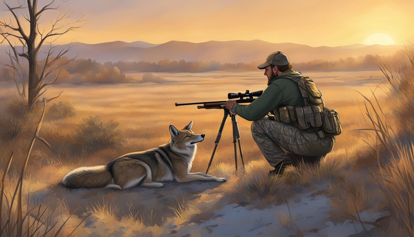 A hunter setting up a blind in the early morning light, with a rifle and decoy in the foreground, and a distant coyote in the background