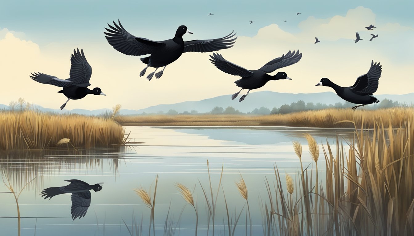 Coots flying over marshland during hunting season