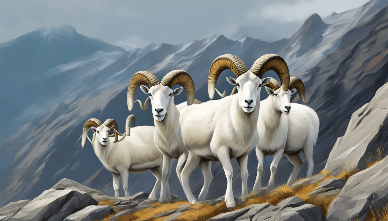 A group of Dall sheep grazing on a rocky mountainside during hunting season