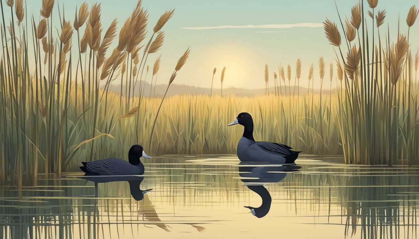 A group of coots swimming in a marsh, surrounded by tall reeds and cattails, with a hunter's blind in the background