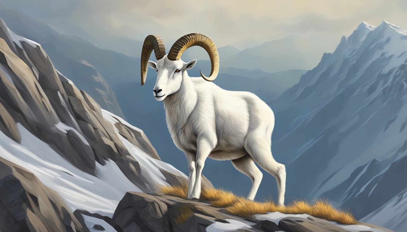 A lone dall sheep navigates steep, rocky terrain during hunting season, facing challenges while seeking safety