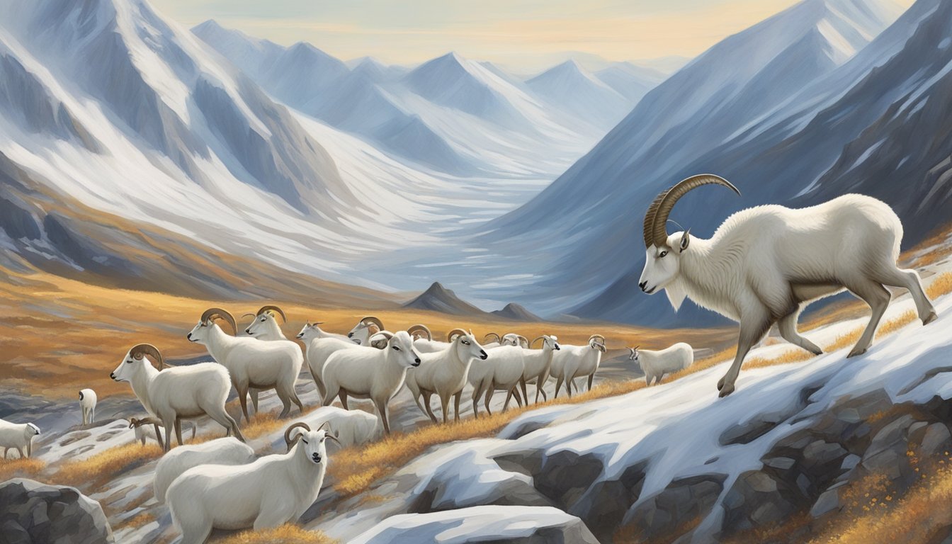 A lone hunter tracking a group of Dall sheep in the rugged mountain terrain