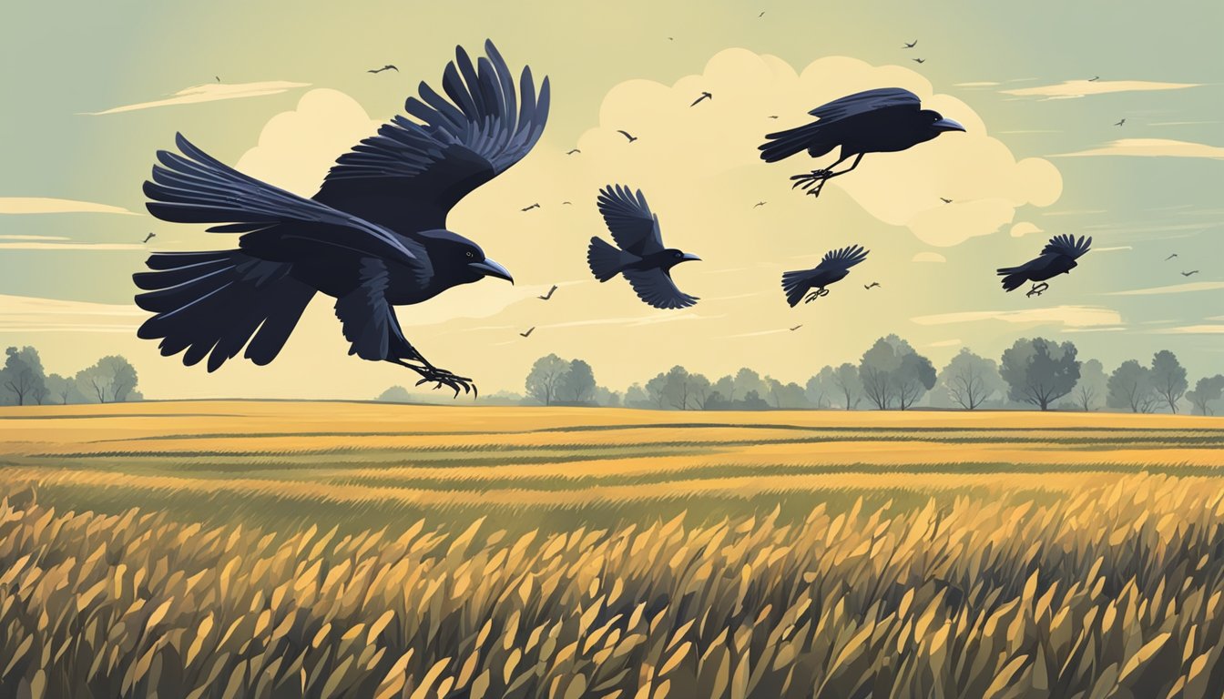 A group of crows flying over a field with signs indicating the start of hunting season