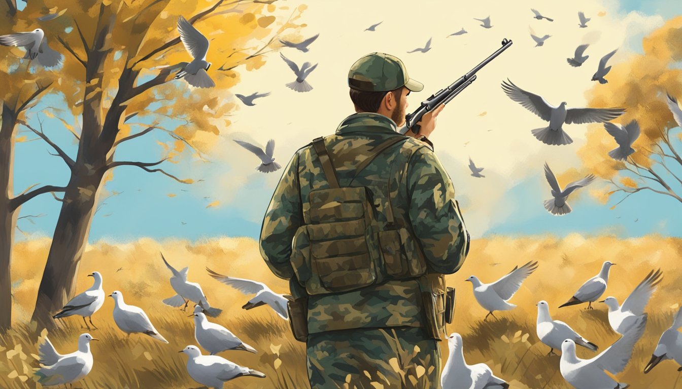 A hunter in camouflage aims at a flock of doves in a sunlit field with scattered trees and a clear blue sky