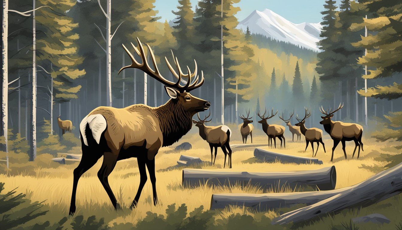 A group of elk grazing in a forest clearing, surrounded by signs indicating hunting regulations and the start of elk hunting season