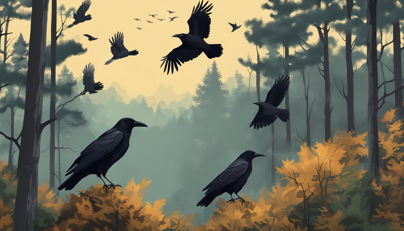 A group of crows flying over a forest with hunters in camouflage waiting below