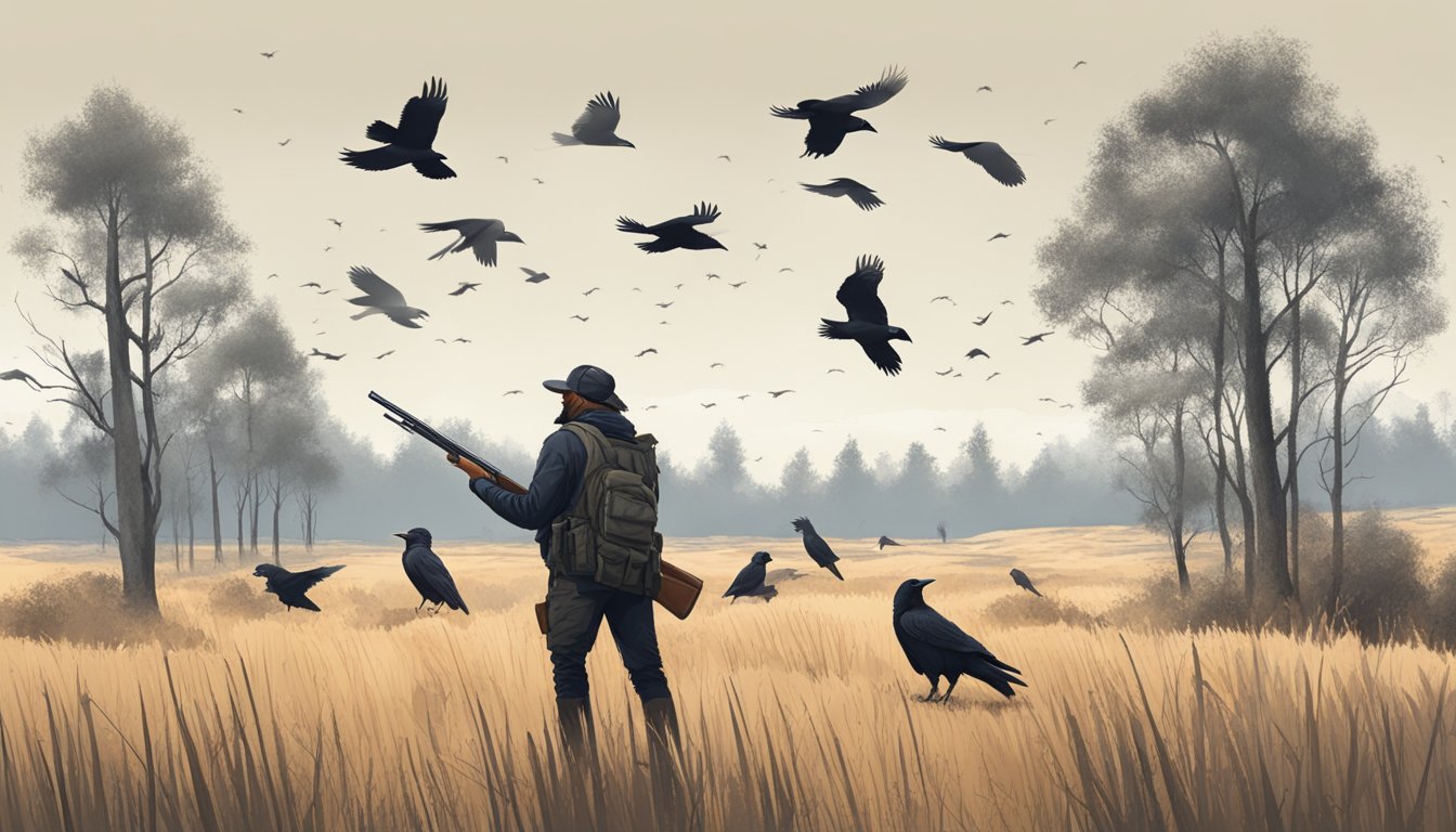 A field of dry grasses and scattered trees, under a clear sky. A group of crows flying in formation, with a hunter in camouflage aiming a shotgun