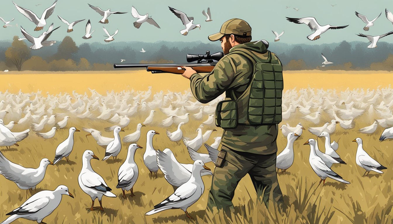 A hunter in camouflage aiming a shotgun at a flock of doves in a field