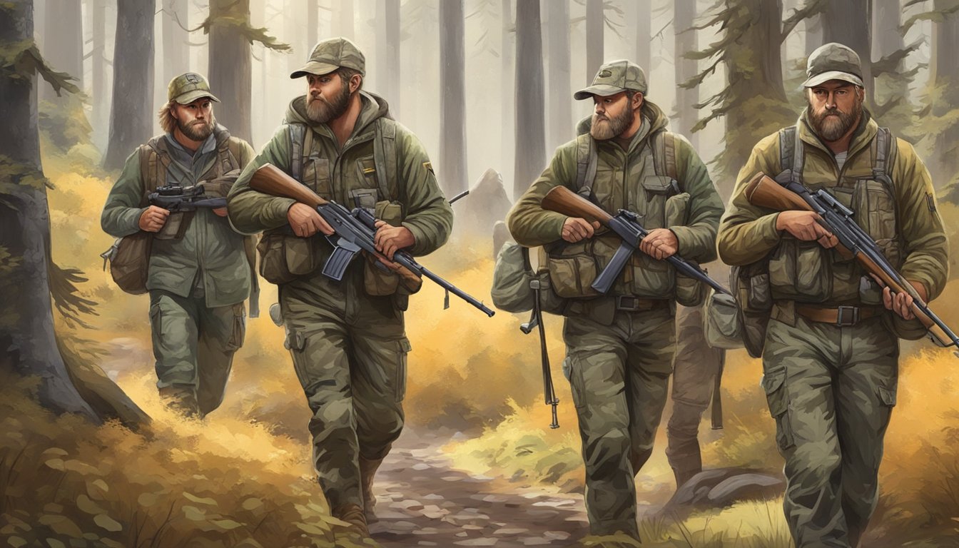 A group of hunters in camouflage gear, carrying rifles and licenses, trek through a forest during elk hunting season