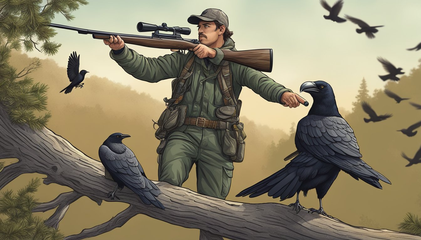 A hunter aiming at a crow perched on a tree branch