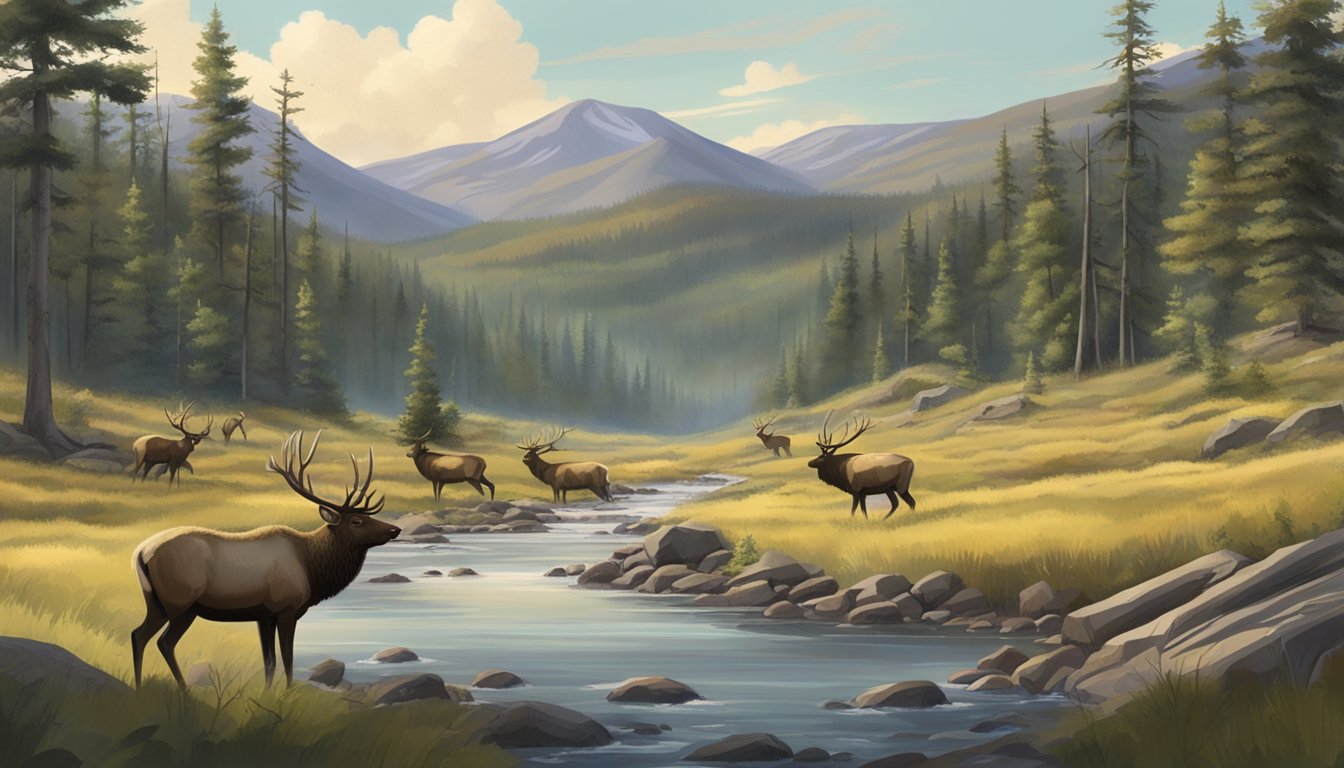 A forested area with rolling hills and a clear stream, surrounded by dense trees and rocky outcrops. A group of elk graze in the distance while hunters set up camp