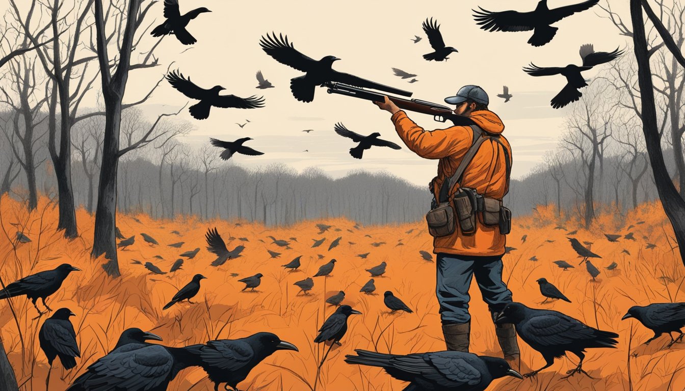 A hunter wearing bright orange stands in a wooded area, shotgun raised, while a group of crows fly overhead