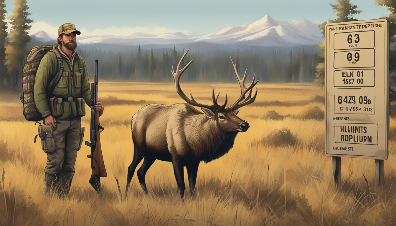 A hunter carrying a rifle and a harvested elk, standing next to a sign displaying bag limits and harvest reporting information