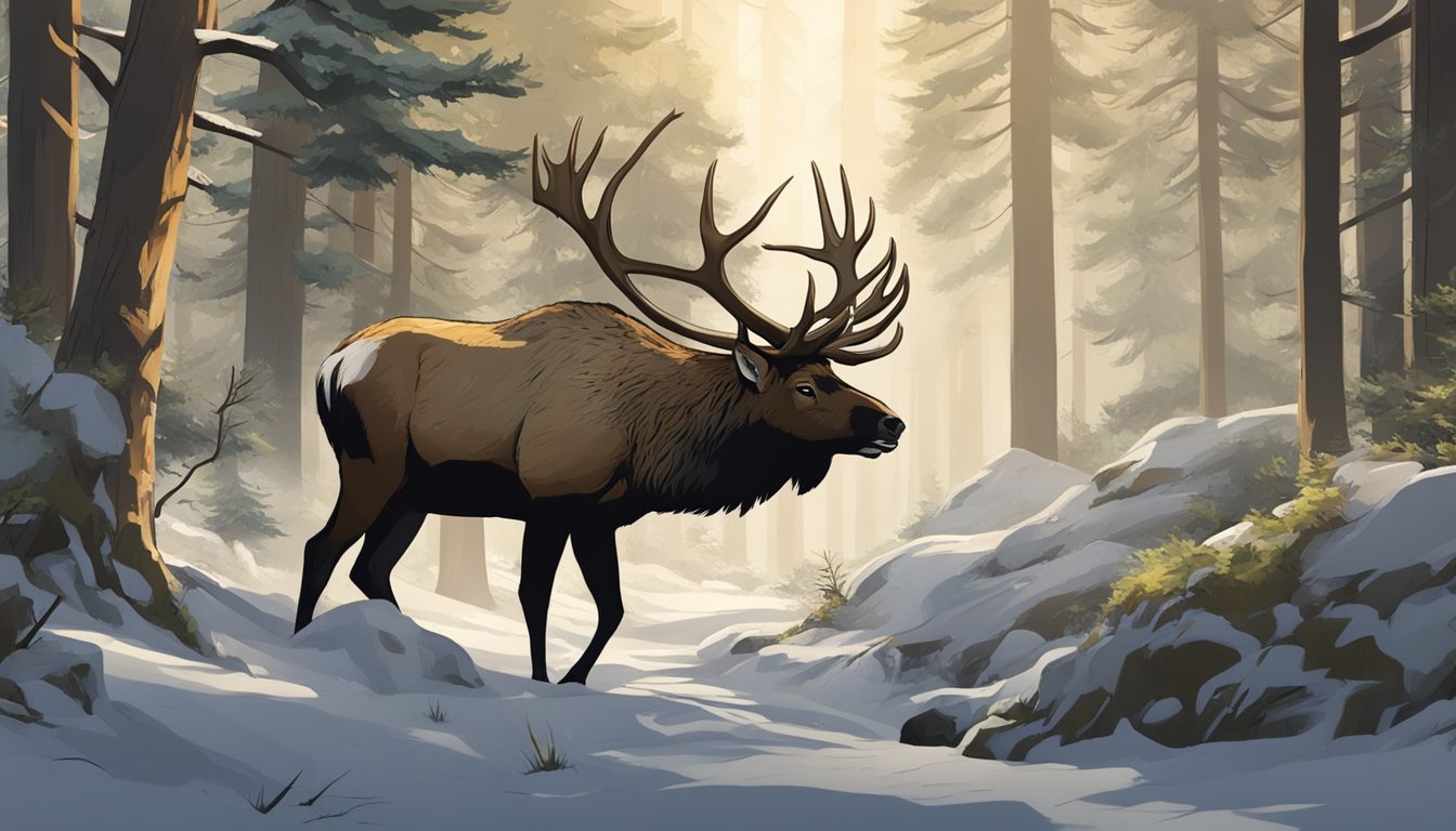 A hunter tracking an elk through a dense forest, bow in hand, moving silently and respectfully through the natural environment