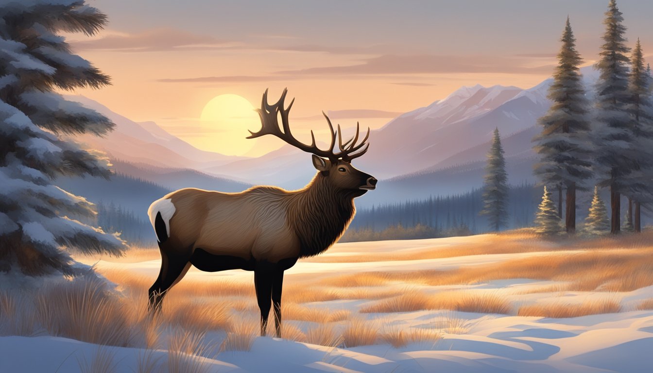 A lone elk stands in a snowy clearing, surrounded by tall pine trees and distant mountains. The sun sets, casting a warm glow over the landscape