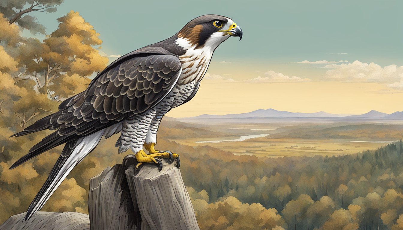 A falcon perched on a gloved hand, surrounded by a forested landscape with a hunting falconer in the background