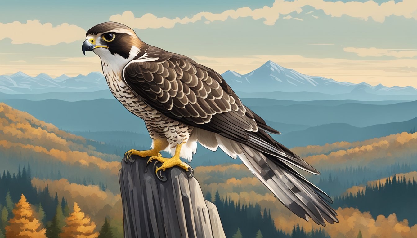 A falcon perched on a gloved hand, surrounded by a forested hunting ground with distant mountains