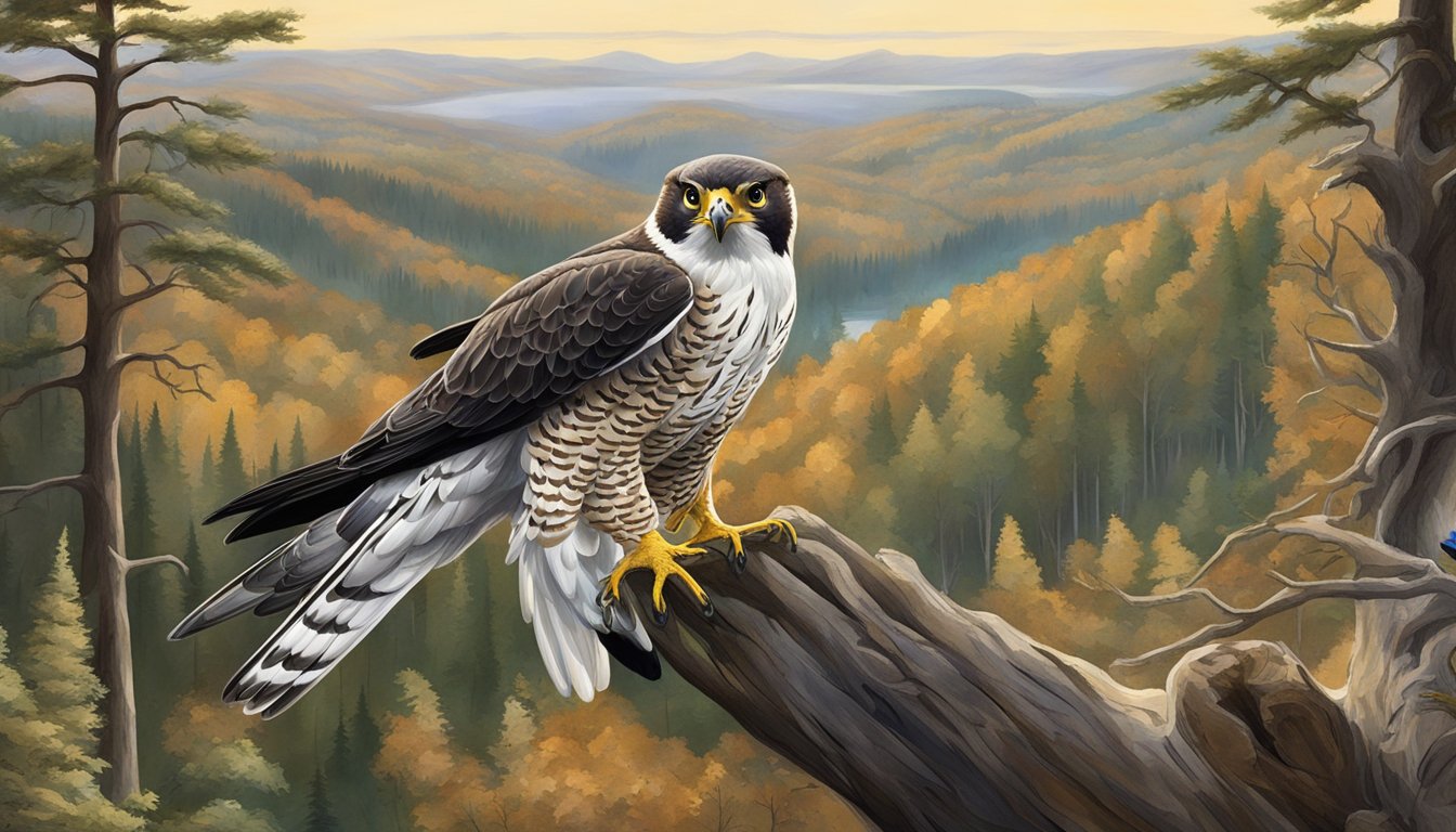 A falcon perched on a gloved hand, surrounded by a forested landscape with a small game bird in its talons