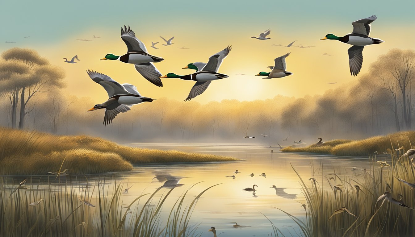 A serene marshland with ducks in flight, surrounded by signs indicating duck hunting regulations