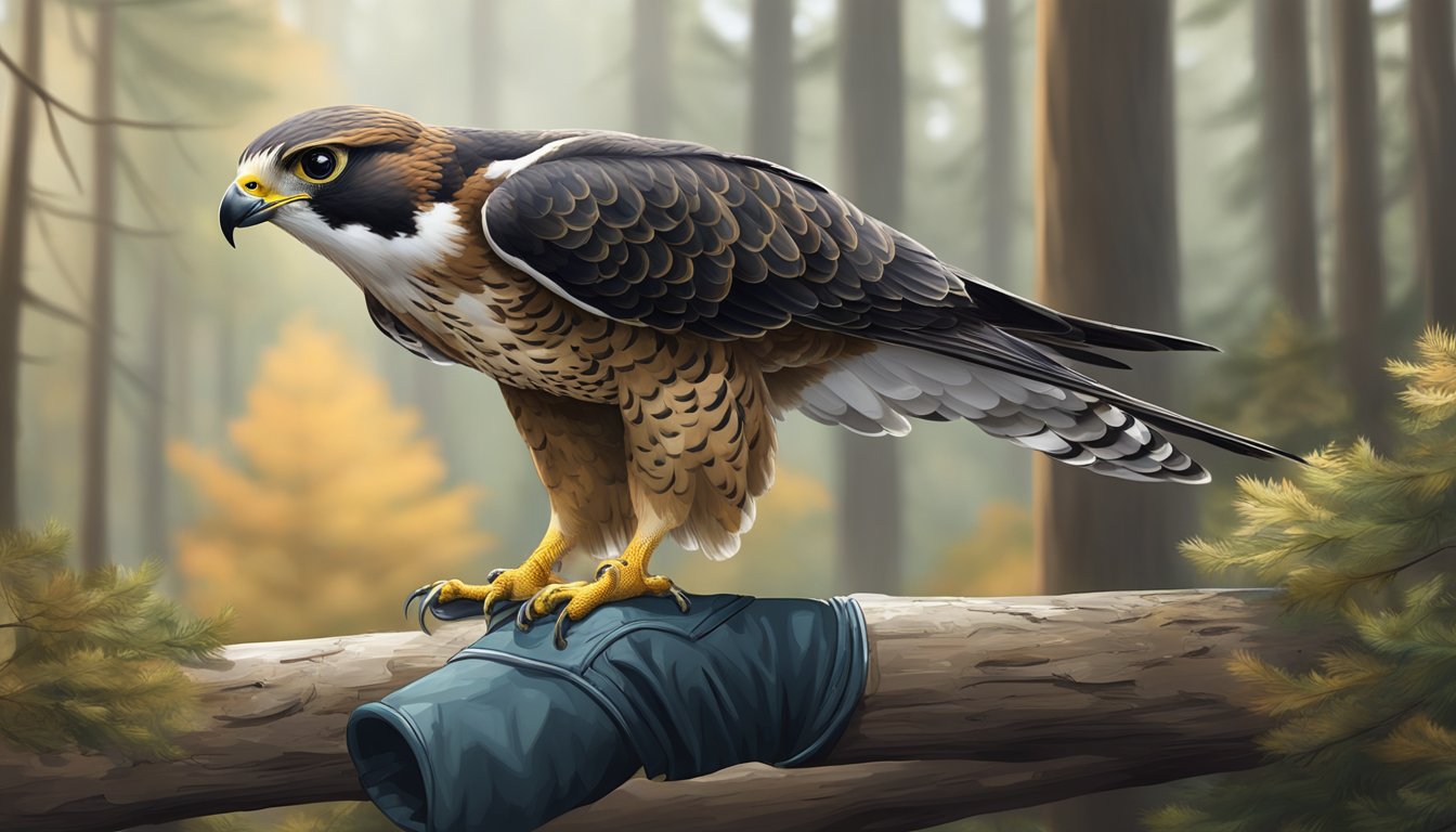 A falcon perched on a gloved hand, surrounded by forest and hunting equipment