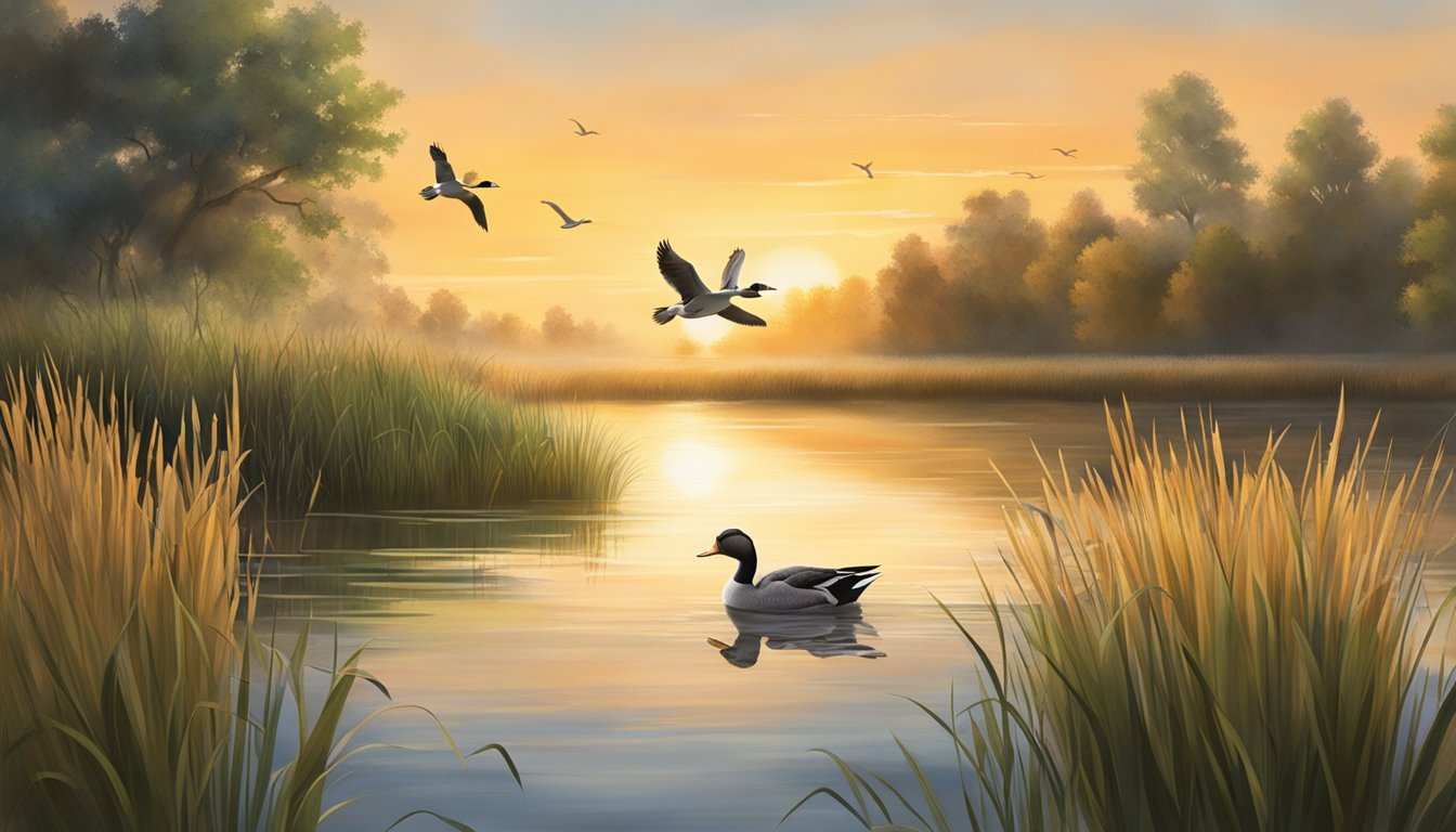 A serene lake at sunrise, surrounded by tall grasses and cattails, with a flock of ducks taking flight