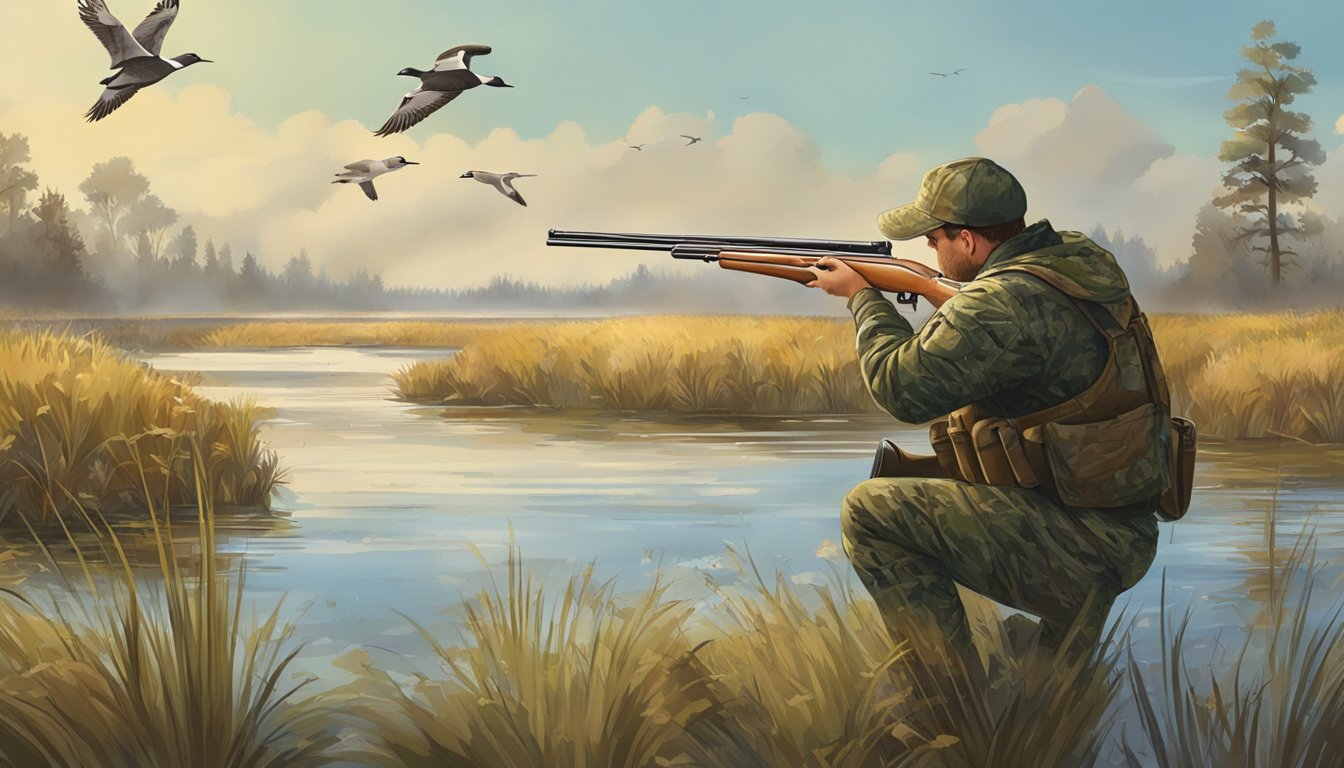 A hunter in camouflage aiming a shotgun at a flying duck over a marsh