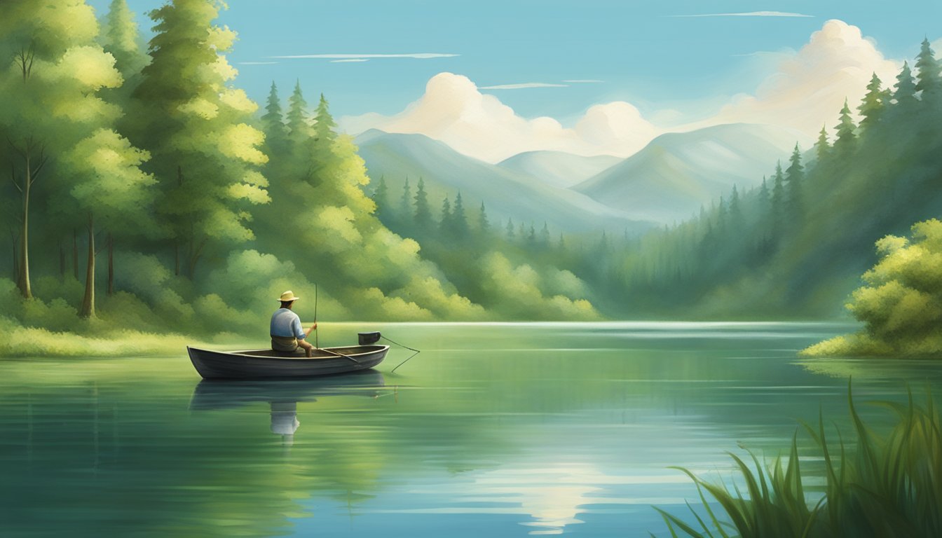 A serene lake surrounded by lush green forests, with a lone fisherman in a small boat, casting a net into the water