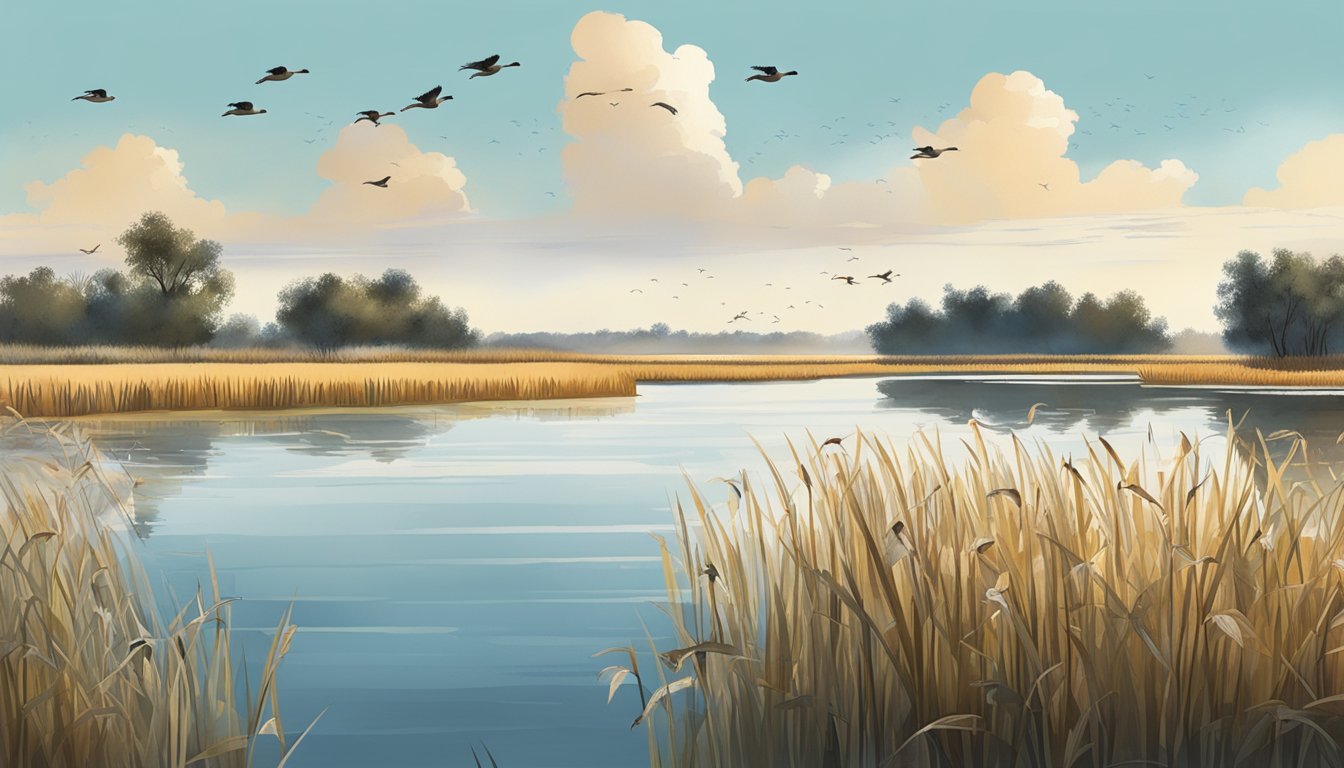 A wetland with reeds, a calm lake, and a clear sky. Ducks fly over the water, while hunters hide in the reeds