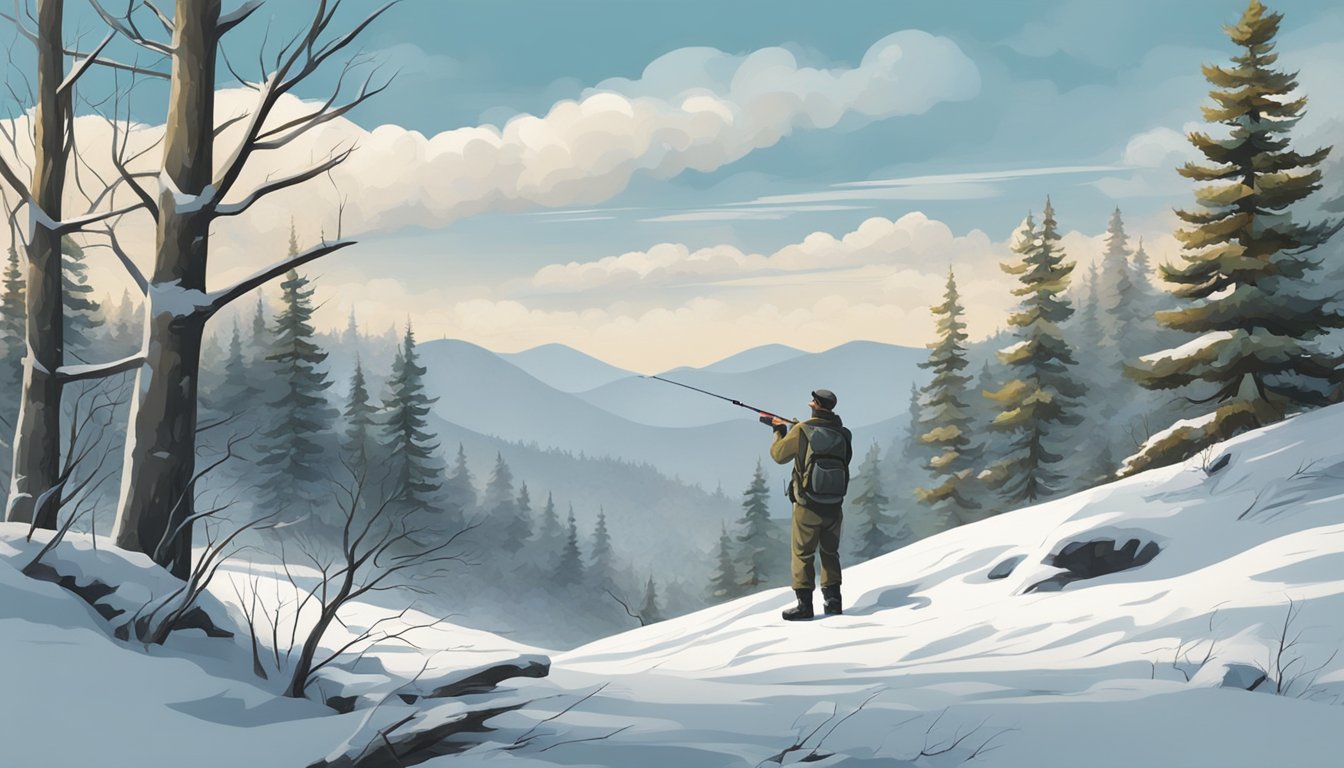 A fisher hunting for prey in a snowy forest, with a backdrop of bare trees and a cloudy sky