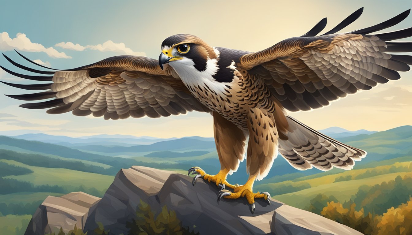 A falcon perched on a gloved hand, surrounded by hunting equipment and a landscape of rolling hills and forests