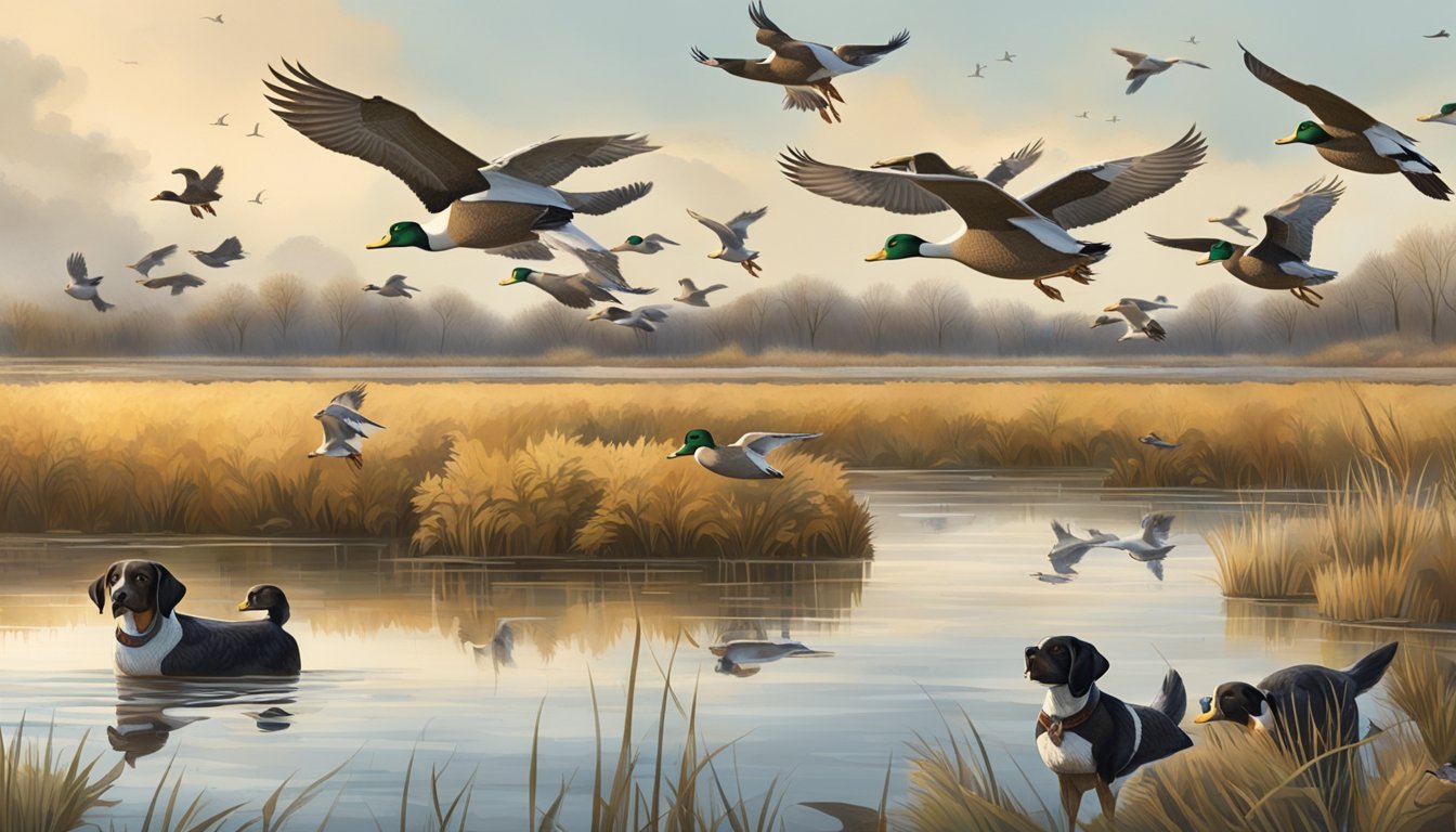 A flock of ducks flying over a marsh, surrounded by hunters and their hunting dogs