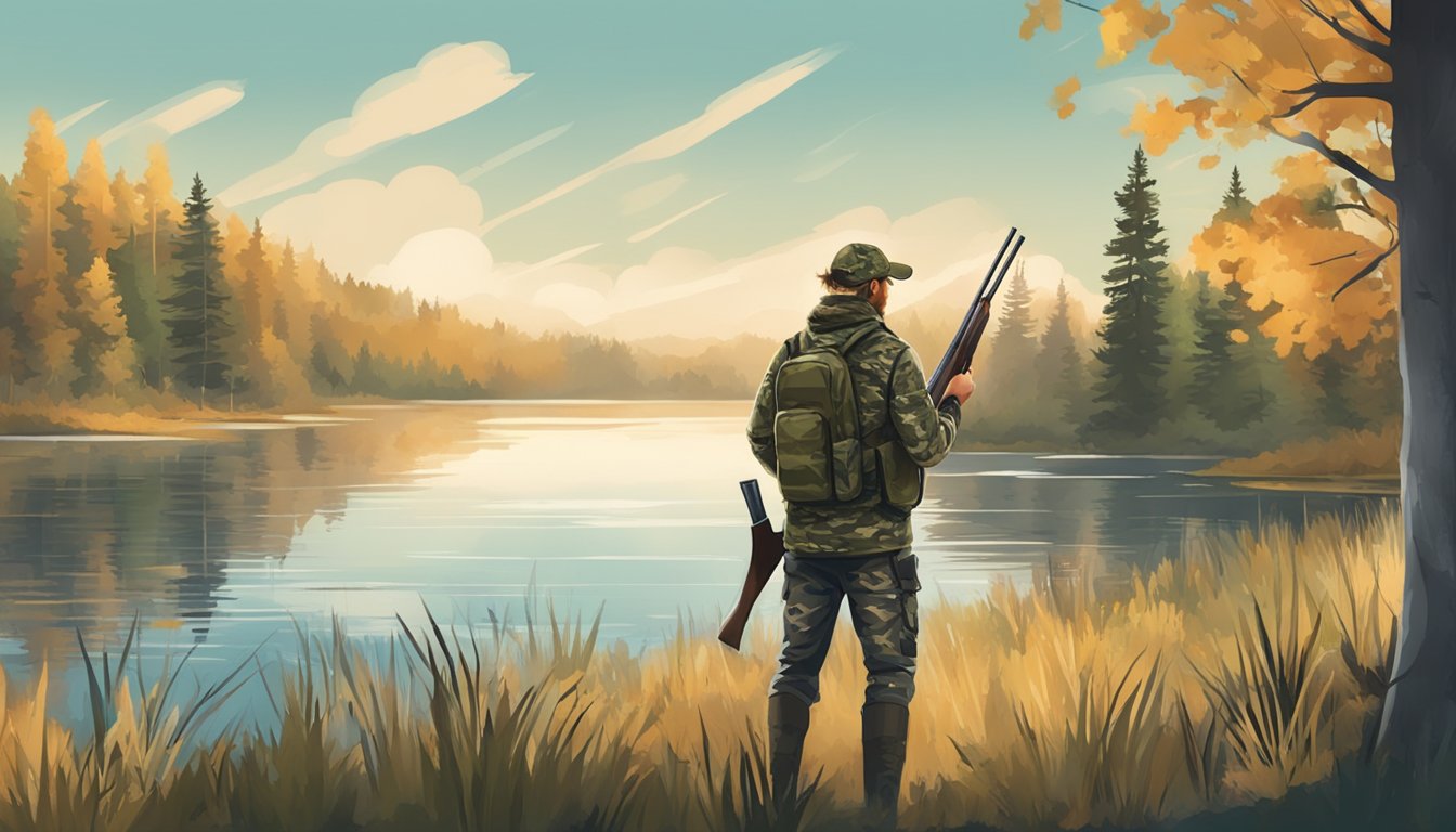 A hunter in camouflage gear holds a shotgun, surrounded by trees and a lake. Signs warn of hunting regulations and safety precautions