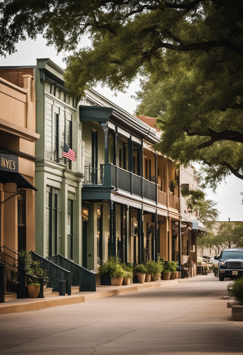 A quaint row of affordable hotels nestled among charming shops near Magnolia Market in Waco, Texas